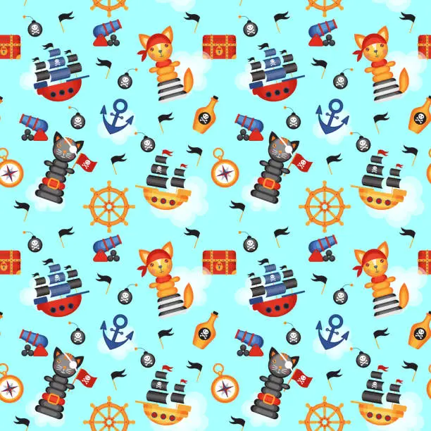 Vector illustration of Seamless pattern on the theme of pirates. Children's vector pattern.