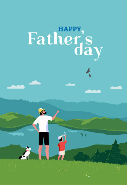 Happy Fathers Day holiday poster background vector Happy father, son enjoy mountain landscape vector poster. Dad, kid boy family together travel activity on nature outdoors flat color cartoon illustration. Fathers Day Holiday flyer, banner background family outdoors stock illustrations