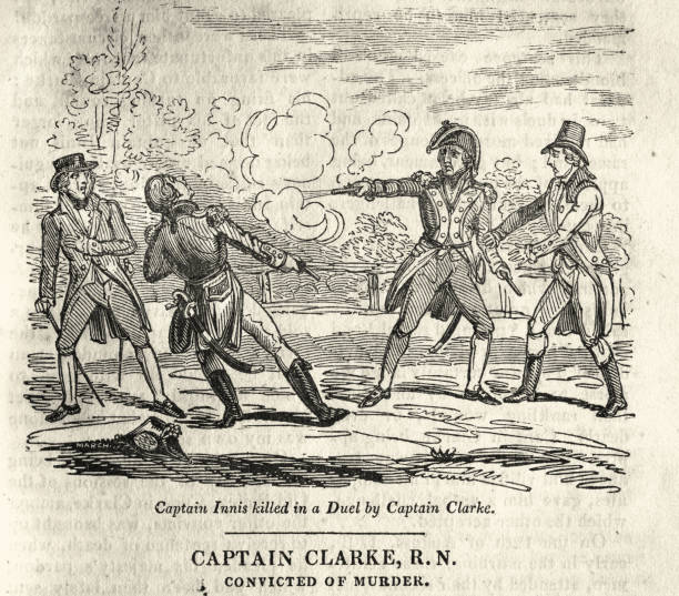 istock Captain Innis killed in a duel by Captain Clarke 1750, duelling with pistols, Newgate Calendar 1387356601