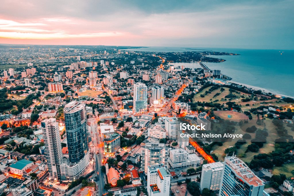 An Aerial/Drone Shot of The capital city of Tanzania, Dar es salaam. A Drone shot of the capital city of Tanzania, Dar es salaam, view from above. The Brand . Found in East Africa. The city centre located in Posta showing ocean view and the whole city Dar Es Salaam Stock Photo
