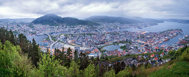 View of the city of Bergen in Norway. A bay with a harbor and lots of houses.