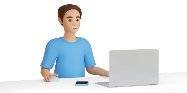 3d illustration men sitting at the workplace. Human working on a laptop. Employee, businessman, freelancer, worker, student at table with laptop. Smiling guy. Male character.