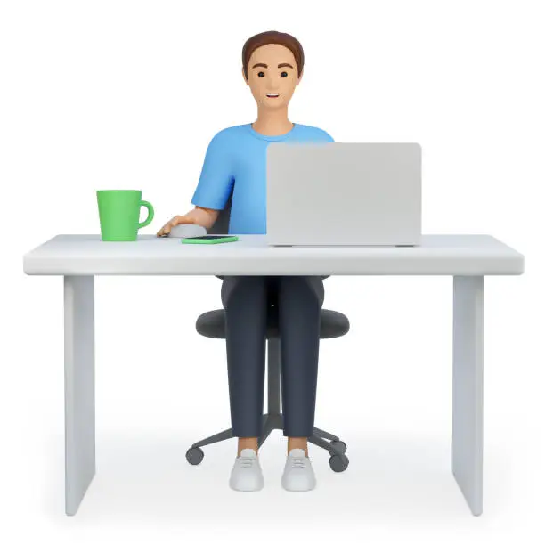 3d illustration men sitting at the workplace. Human working on a laptop. Employee, businessman, freelancer, worker, student at table with laptop. Smiling guy. Male character.