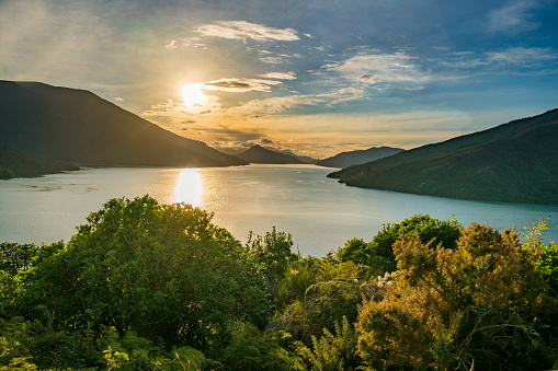 The sun reflecting on the surface of one of the many bays in the Marlborough Sounds