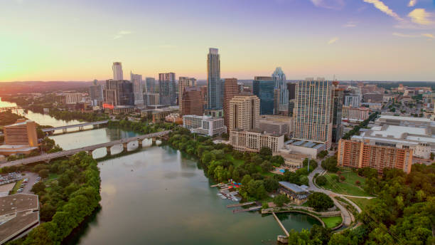 Colorado river passing by downtown Austin stock photo
