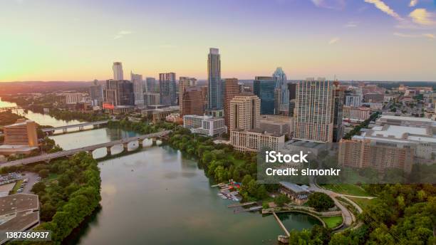 Colorado River Passing By Downtown Austin Stock Photo - Download Image Now - Austin - Texas, Urban Skyline, City