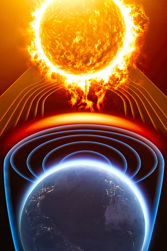 Sun and solar storm, Earth's magnetic field, Earth and solar wind, flow of particles. Rising temperatures. Global warming. Ozone hole. 3d rendering URL: https://visibleearth.nasa.gov/collection/1484/blue-marble\nBlender app
