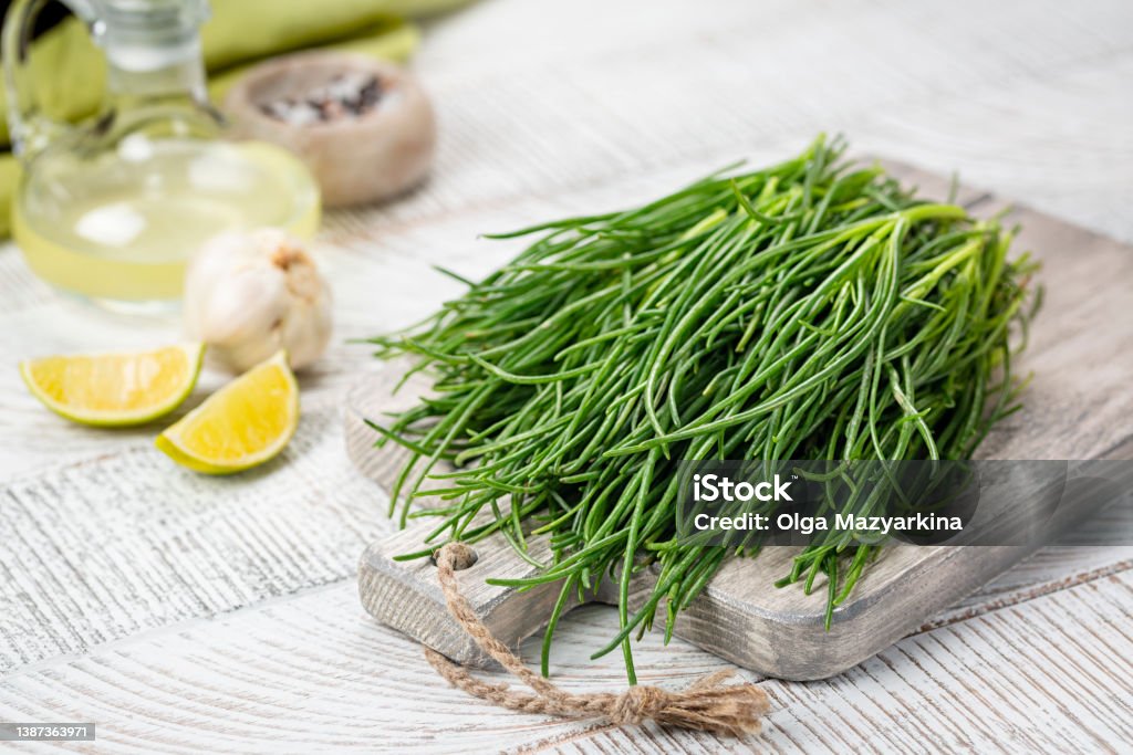 Fresh Agretti or barba dei frati, edible green plant. Saltwort, barilla plant or salsola soda. Bunch Stock Photo