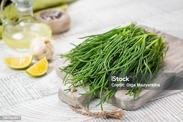 Fresh Agretti Or Barba Dei Frati Edible Green Plant Saltwort Barilla Plant Or Salsola Soda Stock Photo - Download Image Now