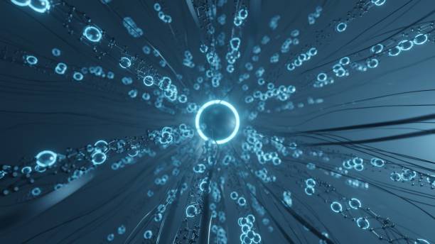 istock Molecular chains directed to the center of the luminous core, Illustration Abstract 3d Render 1387364502