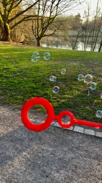 A picture of making soap bubbles in a park on a sunny day