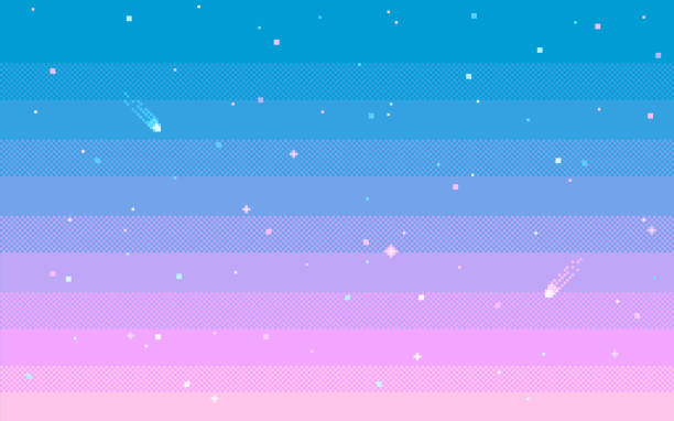 Pixel art star sky at sunset time. Pixel art star sky at sunset time. Starry evening sky seamless backdrop. Vector illustration. pixel sky background stock illustrations