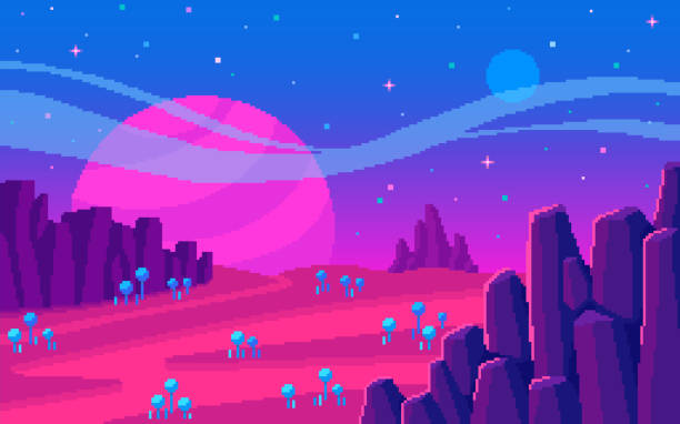 Pixel art background. Sharp stones and plants on alien planet. Pixel art background. Sharp stones and plants on alien planet. 8 bit retro style backdrop. Vector illustration purple vintage backgrounds stock illustrations