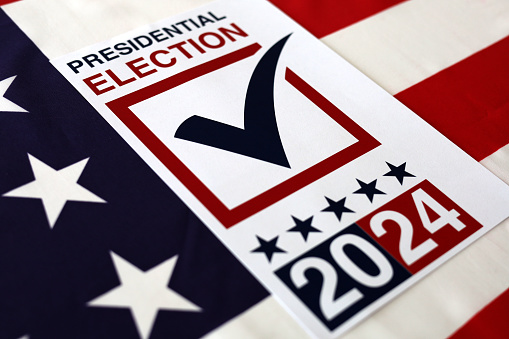 Presidential Election Concept - Presidential Election 2024 Written over Waving American Flag