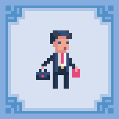 Office worker with a briefcase. Pixel art character. Vector illustration in 8 bit style