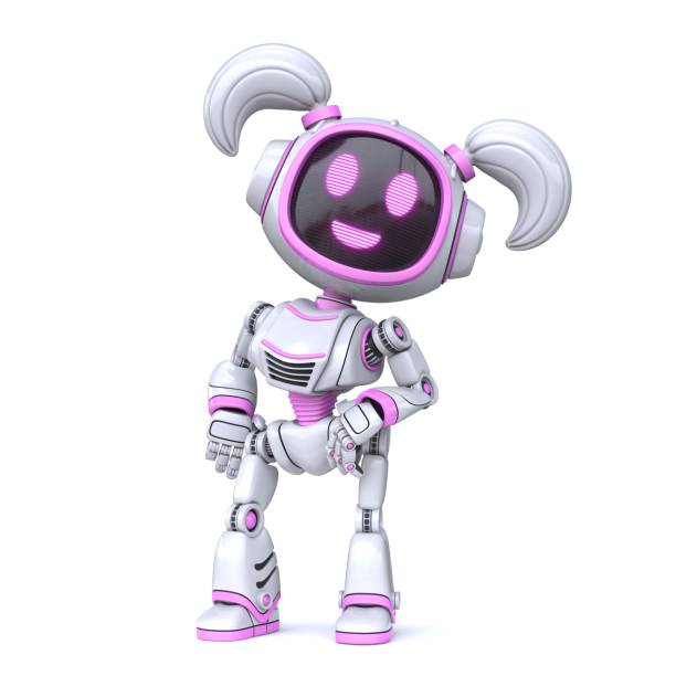 istock Cute pink girl robot pose as a photo model 3D 1387369051