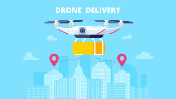 Vector illustration of Quadcopter carrying box in the city. Drone delivery concept. Flat vector illustration. Web site, landing page, banner, hero image.