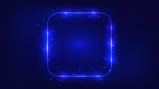 Neon rounded square frame with shining effects and sparkles on dark background. Empty glowing techno backdrop. Vector illustration