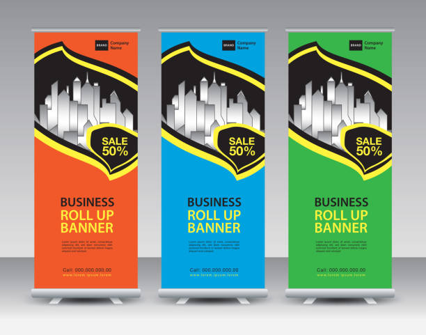 illustrations, cliparts, dessins animés et icônes de business roll up banner design, roll up banner template, sale banner stand or flag design layout, standee design, presentation, poster, flyer, ads, modern exhibition advertising vector, stand mockup - backdrop clothing garment space