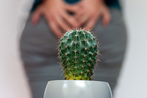 Un cactus en una olla frente a la mujer en los pantalones sosteniendo el suyo por el, de cerca. photo