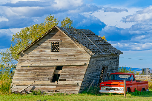 Southern Alberta foothills region on September 19, 2021:  Bright orange vintage pick up truck parked by a dilapidated  barn in rural Alberta Canada
