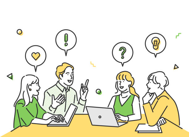 stockillustraties, clipart, cartoons en iconen met college students meeting in a brainstorming team - presentatie-toespraak