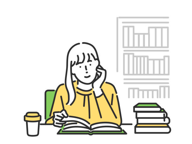 ilustrações de stock, clip art, desenhos animados e ícones de woman reading a book in the library. - student campus lifestyles university