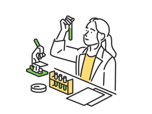 ilustrações de stock, clip art, desenhos animados e ícones de woman doing an experiment in a lab. - scientist research test tube lab coat