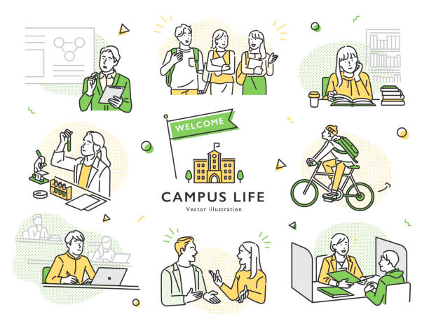 campus-life-szenen setzen illustration. - speech talking teenager student stock-grafiken, -clipart, -cartoons und -symbole