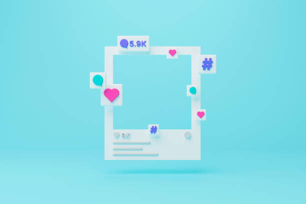 Social media photo frame with heart, comment and hashtag icon on blue background. 3d render illustration.