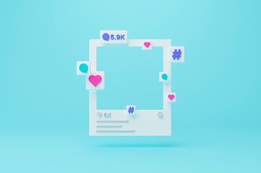 Social media photo frame with heart, comment and hashtag icon on blue background. 3d render illustration.