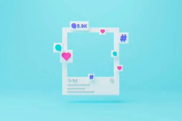 Social media photo frame with heart, comment and hashtag icon on blue background. 3d render illustration.
