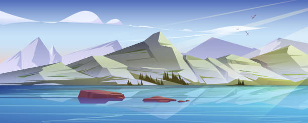 bildbanksillustrationer, clip art samt tecknat material och ikoner med nordic landscape with lake and mountain range - fjäll sjö sweden