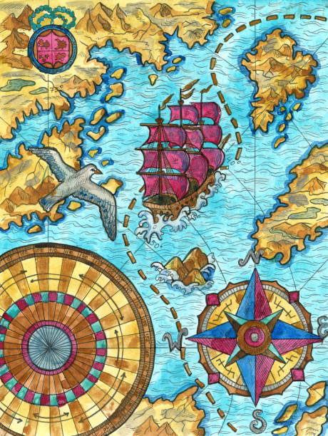 ilustrações de stock, clip art, desenhos animados e ícones de colorful marine fantasy illustration of pirate map of treasures with old ship, compass, unknown lands and islands. nautical vintage drawings, watercolor paintings - engraving engraved image coastline illustration and painting