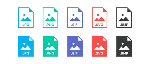 Vector illustration of Image file formats vector icons set. JPG, PNG, GIF, SVG, BMP file document symbol