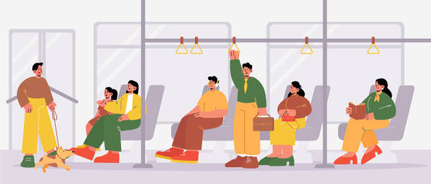 ilustrações de stock, clip art, desenhos animados e ícones de public transport. bus interior with passengers - bus transportation indoors people