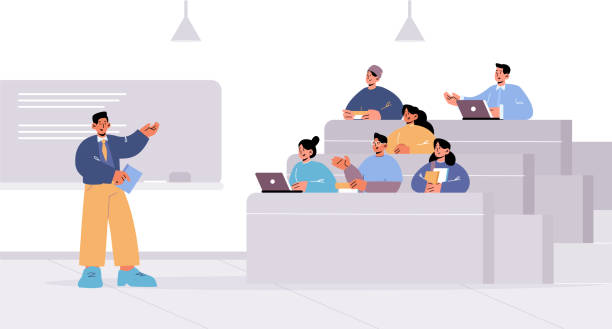 University lecture hall with teacher and students University lecture hall with teacher and students sitting at desks. Concept of education, conference, public seminar. Vector flat illustration of speaker and audience in college classroom seminar classroom lecture hall university stock illustrations