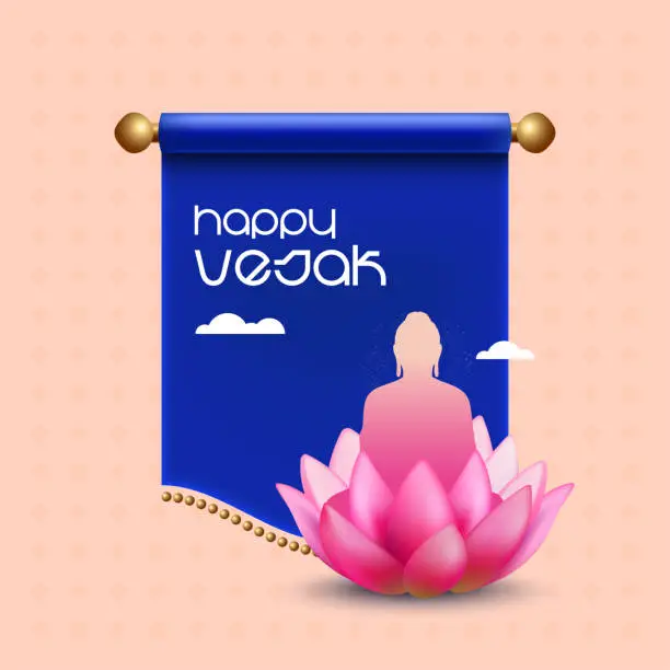 Vector illustration of Happy Vesak Day Budha Purnima Background With Budha Statue Silhouet Realistic Pink Lotus