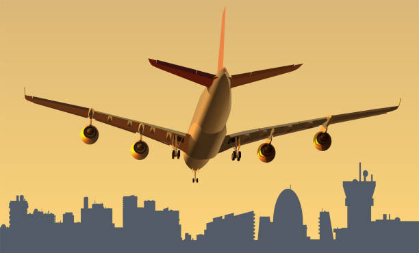 istock The plane lands at the evening airport. Vector. 1387406958