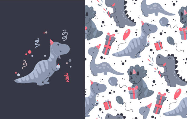 Set of card and seamless pattern with happy little dinosaurs with birthday gifts and cake. Festive party. Vector child poster and texture Set of card and seamless pattern with happy little dinosaurs with birthday gifts and cake. Festive party. Vector child poster and texture with cartoon baby dino, balloons and gift boxes in gray color dinosaur birthday stock illustrations