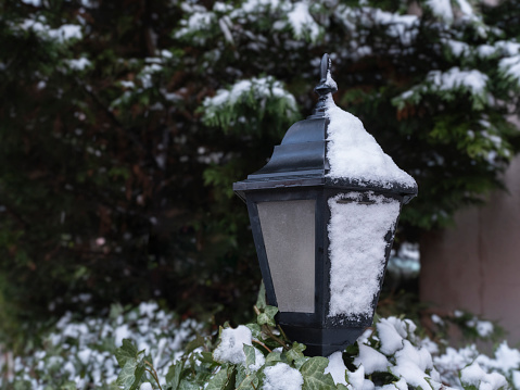 snow covered garden lamp front view