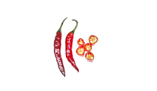 Red chili and chili pieces or slices selective focus isolated on a white background .Masala or spices ingredient.