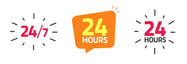 24 на 7 часов открытое рабочее время сервис значок вектор или 24 часа в сутки логотип часов в качестве пиктограммы экстренной помощи или подде - open time clock 24 hrs stock illustrations