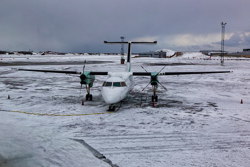 Frozen plane at Svolvaer airport. Lofoten Norway.