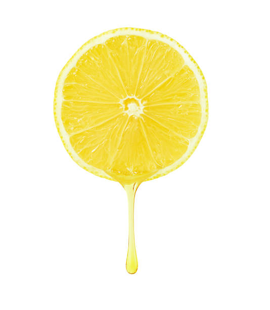 istock Lemon slice with dripping drop isolated with clipping path on white background. 1387416244