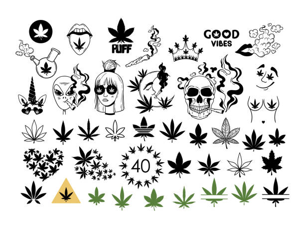 liście chwastów ręcznie rysowane cliparty bundle, cannabis pot leaf isolated items on white, marijuana good vibes printable images set, smoking girl and skull - psychedelic smoke colors green stock illustrations