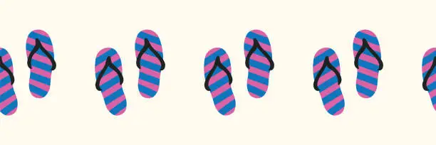 Vector illustration of Flip flops horizontal seamless vector border. Repeating summer shoe pattern summer beach theme hand drawn pink blue. Use for footer, header, banner, ribbon, fabric trim, card decor, beach wear