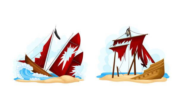 ilustrações, clipart, desenhos animados e ícones de naufrágio de navios piratas com velas vermelhas. navios de madeira vintage afundando no mar, ilustração vetorial de desenho animado do oceano - shipwreck