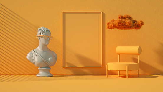 Modern indoor empty frame sculpture orange background, 3d render.