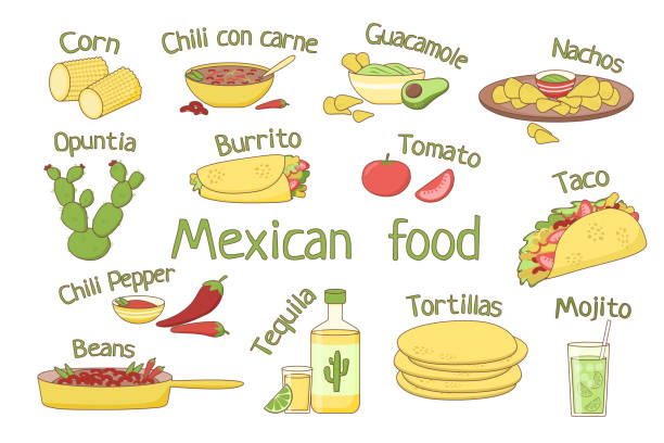 ilustraciones, imágenes clip art, dibujos animados e iconos de stock de colección de comida mexicana - guacamole bowl mexican culture drawing